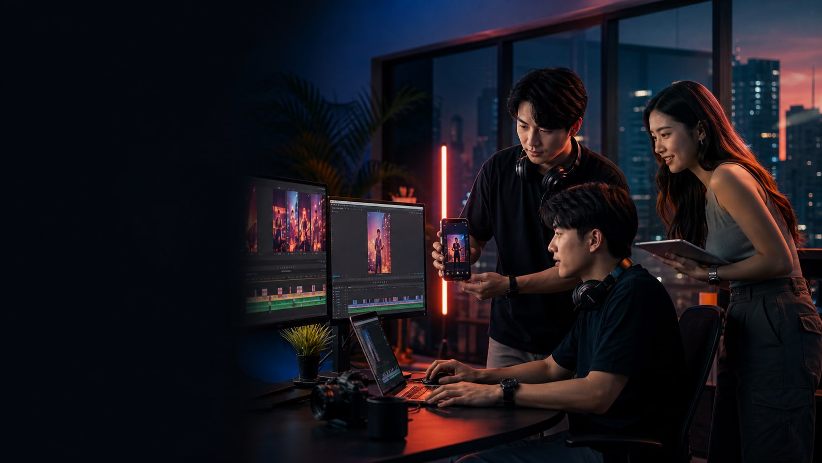 Video editors collaborating in a modern creator studio